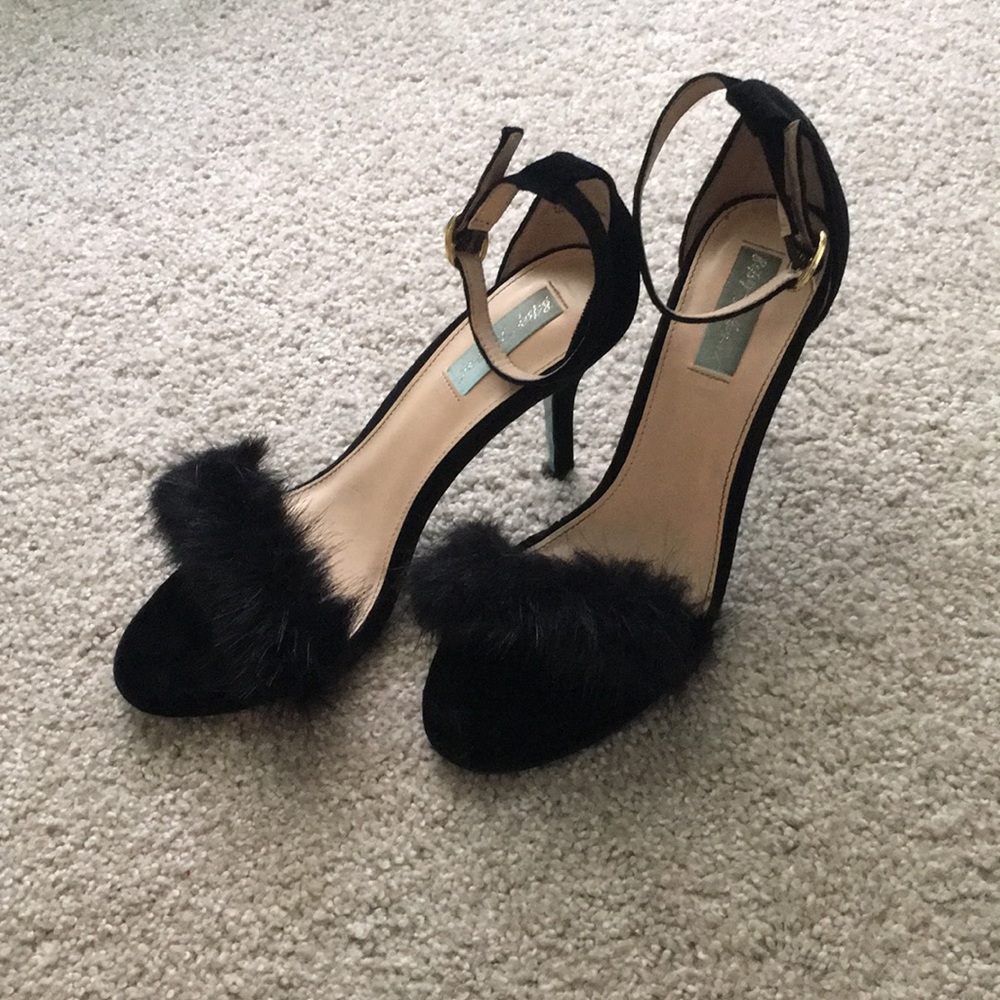 Betsey Johnson Black Fur strap heels